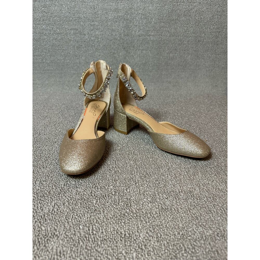 Jewel Badgley Mischka Heel Gold Glitter Rhinestone Holiday Event Formal Size 5.5